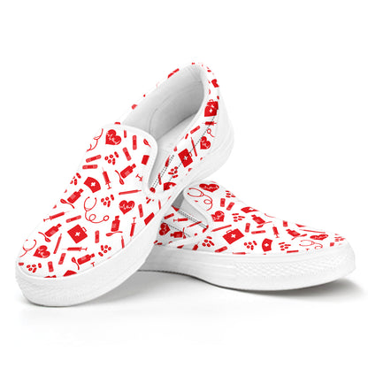 Red And White Nurse Pattern Print White Slip On Shoes