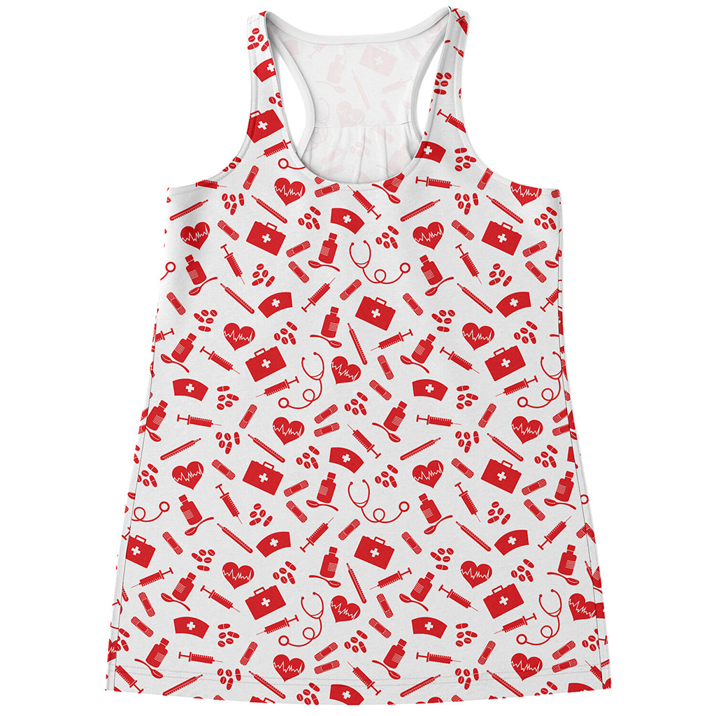 Red And White Nurse Pattern Print Women's Racerback Tank Top