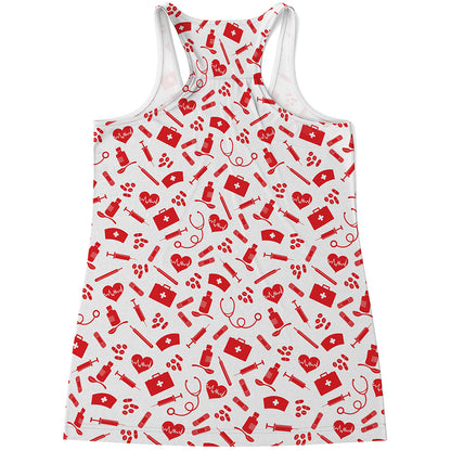 Red And White Nurse Pattern Print Women's Racerback Tank Top