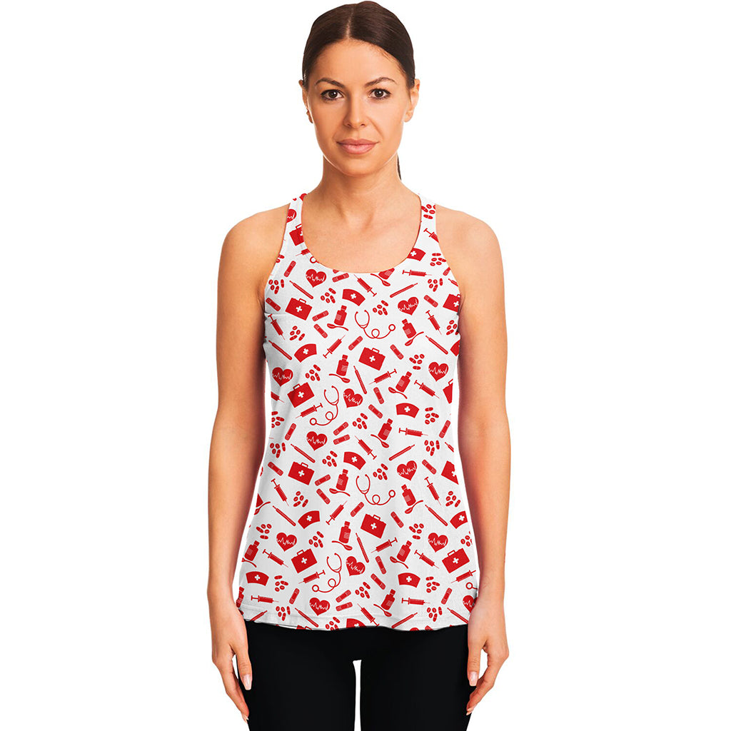 Red And White Nurse Pattern Print Women's Racerback Tank Top