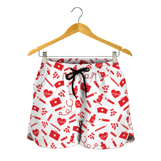 Red And White Nurse Pattern Print Women's Shorts