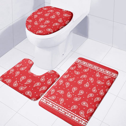 Red And White Paisley Bandana Print 3 Piece Bath Mat Set