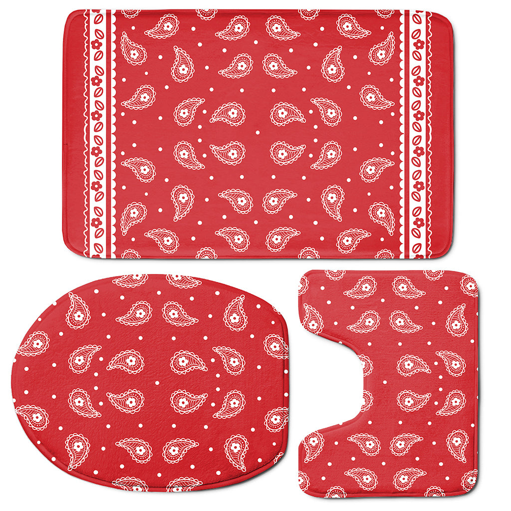 Red And White Paisley Bandana Print 3 Piece Bath Mat Set