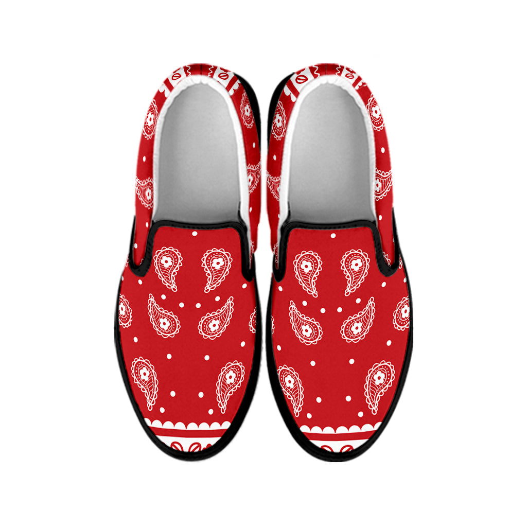 Red And White Paisley Bandana Print Black Slip On Shoes