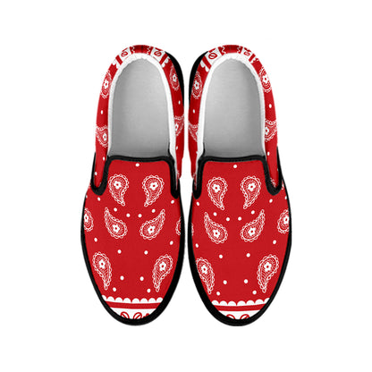 Red And White Paisley Bandana Print Black Slip On Shoes