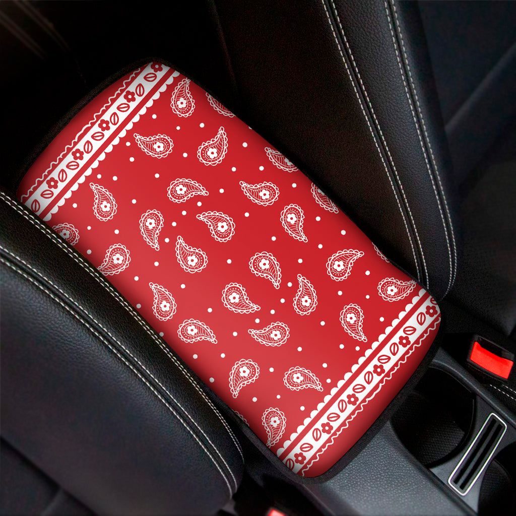Red And White Paisley Bandana Print Car Center Console Cover