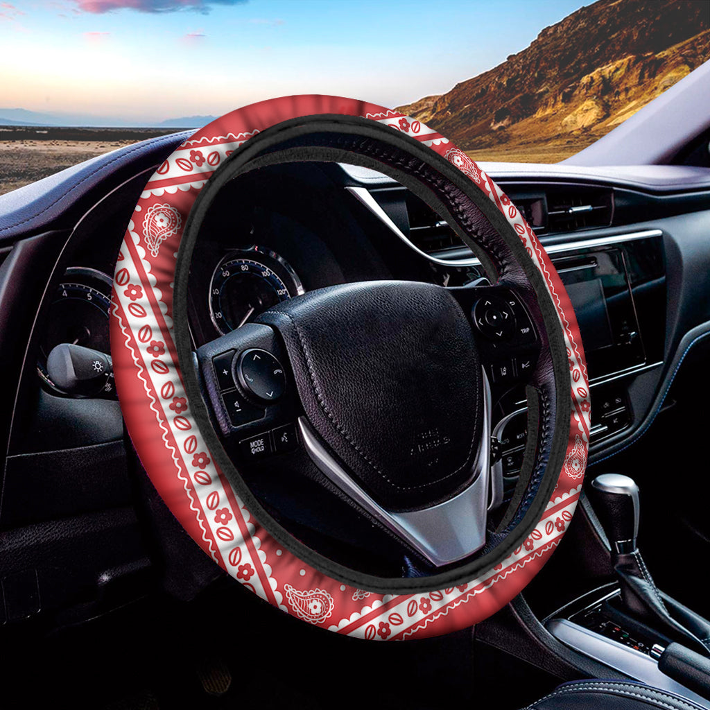 Red And White Paisley Bandana Print Car Steering Wheel Cover