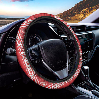 Red And White Paisley Bandana Print Car Steering Wheel Cover