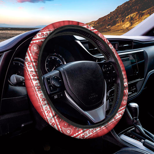 Red And White Paisley Bandana Print Car Steering Wheel Cover