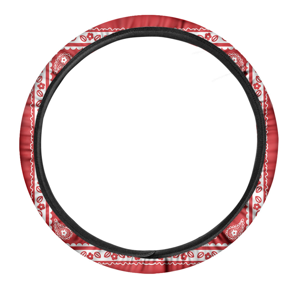 Red And White Paisley Bandana Print Car Steering Wheel Cover