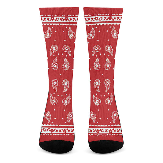 Red And White Paisley Bandana Print Crew Socks