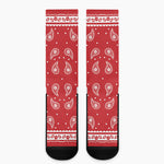 Red And White Paisley Bandana Print Crew Socks
