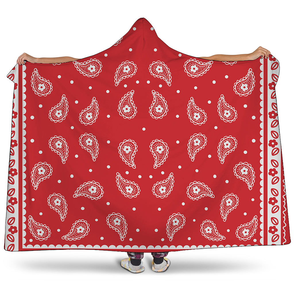 Red And White Paisley Bandana Print Hooded Blanket