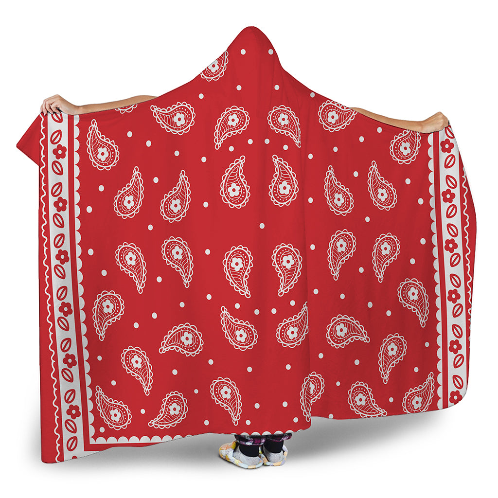 Red And White Paisley Bandana Print Hooded Blanket