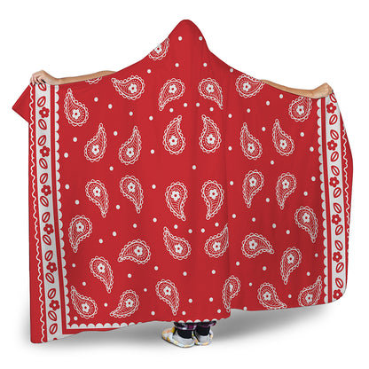 Red And White Paisley Bandana Print Hooded Blanket