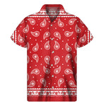 Red And White Paisley Bandana Print Men's Short Sleeve Shirt
