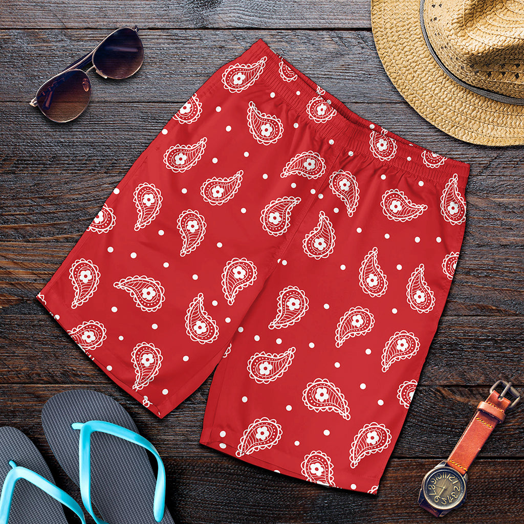 Red And White Paisley Bandana Print Men's Shorts