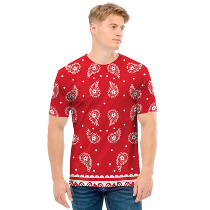 Red And White Paisley Bandana Print Men's T-Shirt