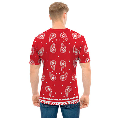 Red And White Paisley Bandana Print Men's T-Shirt
