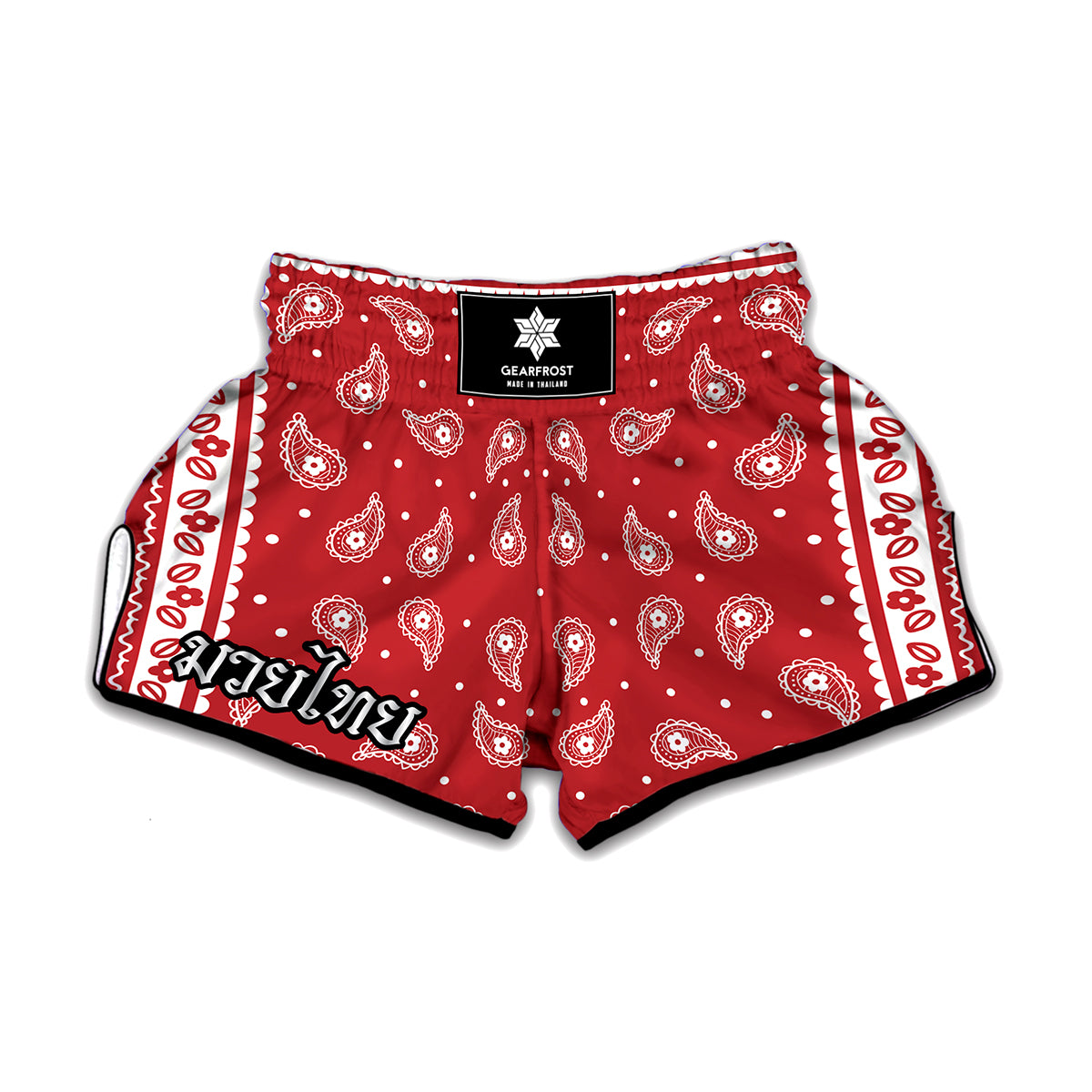 Red And White Paisley Bandana Print Muay Thai Boxing Shorts