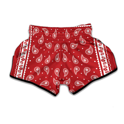 Red And White Paisley Bandana Print Muay Thai Boxing Shorts