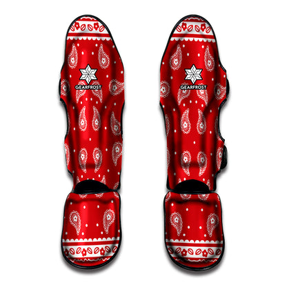 Red And White Paisley Bandana Print Muay Thai Shin Guard