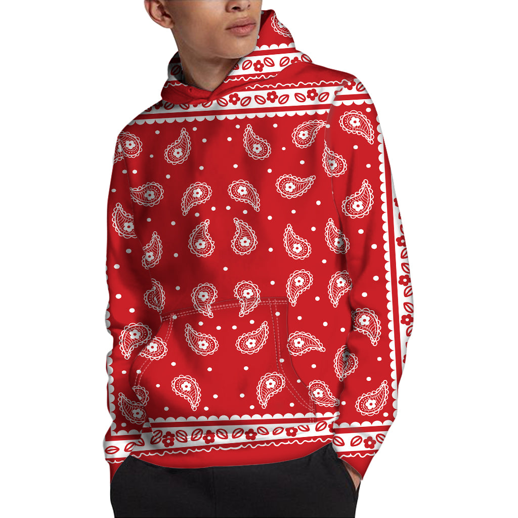 Red And White Paisley Bandana Print Pullover Hoodie
