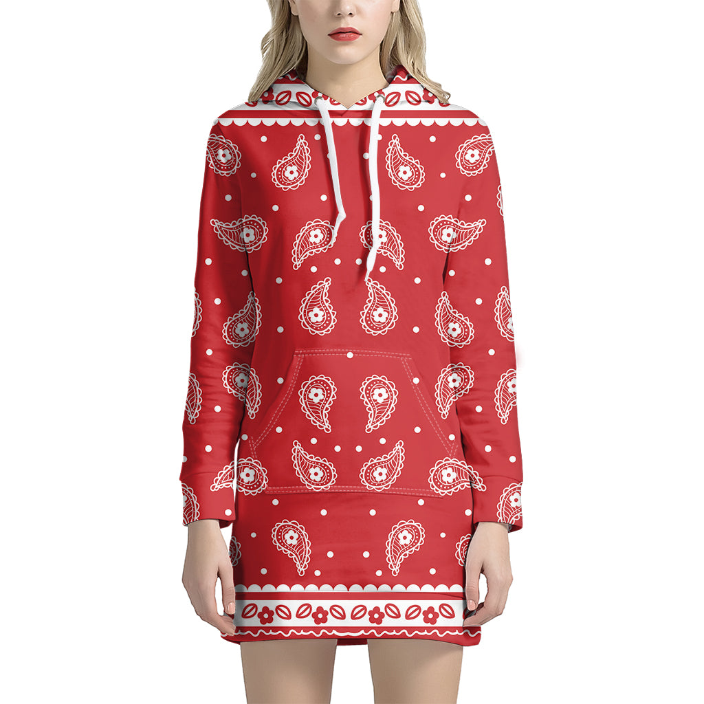 Red And White Paisley Bandana Print Pullover Hoodie Dress