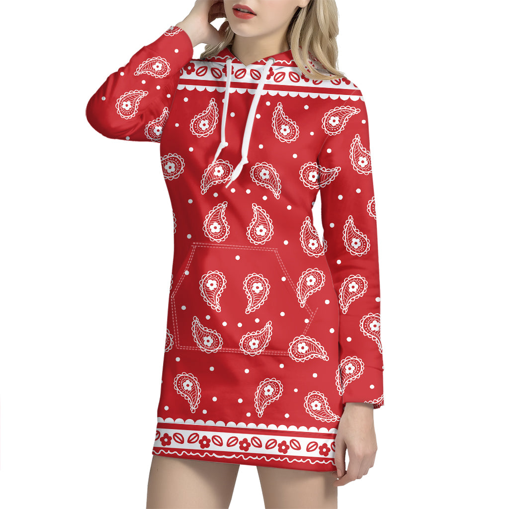 Red And White Paisley Bandana Print Pullover Hoodie Dress