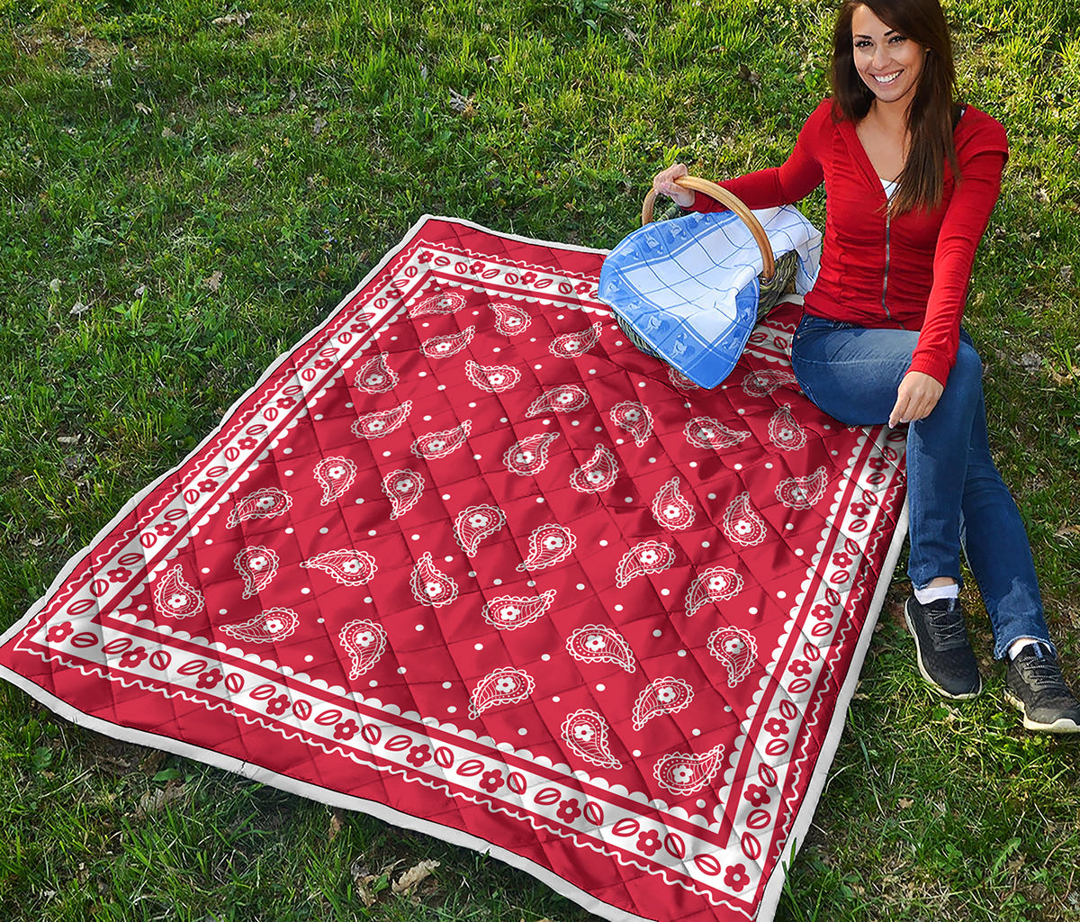 Red And White Paisley Bandana Print Quilt