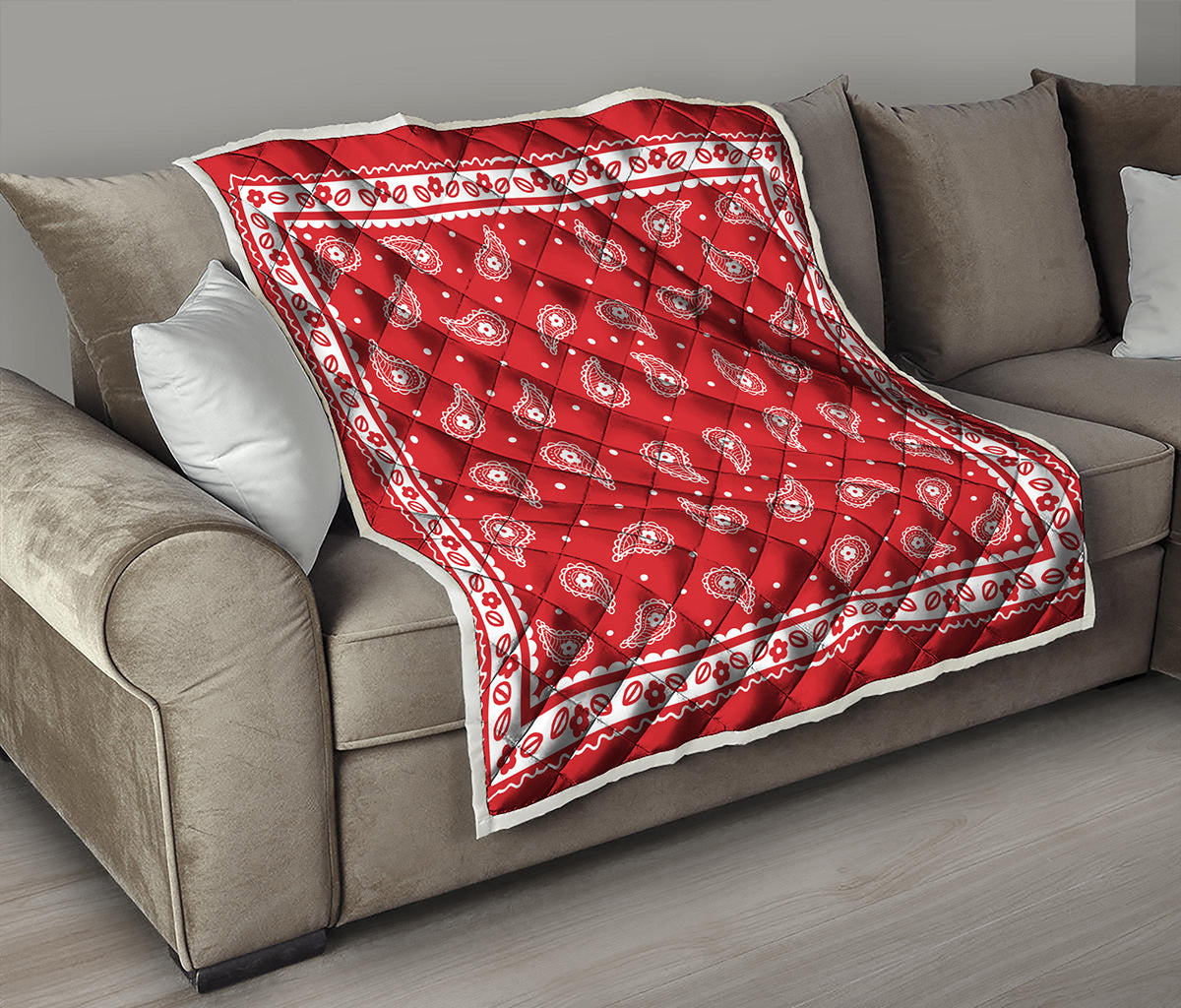 Red And White Paisley Bandana Print Quilt