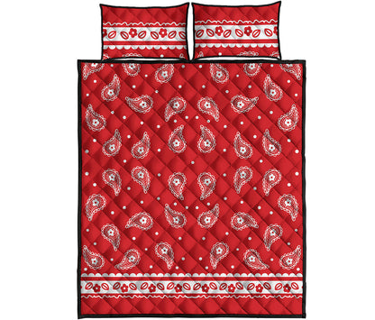 Red And White Paisley Bandana Print Quilt Bed Set