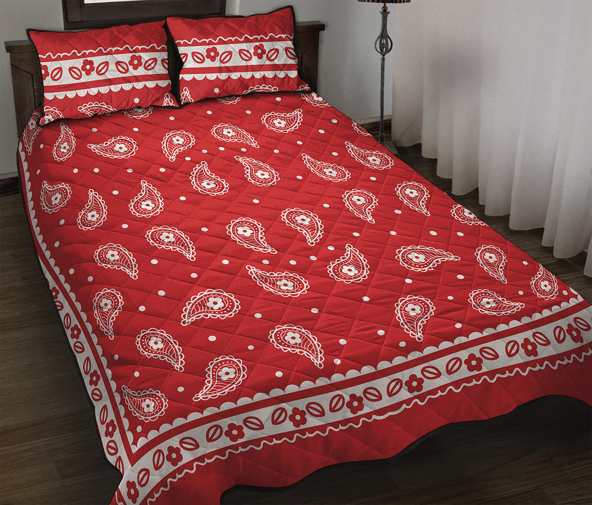 Red And White Paisley Bandana Print Quilt Bed Set