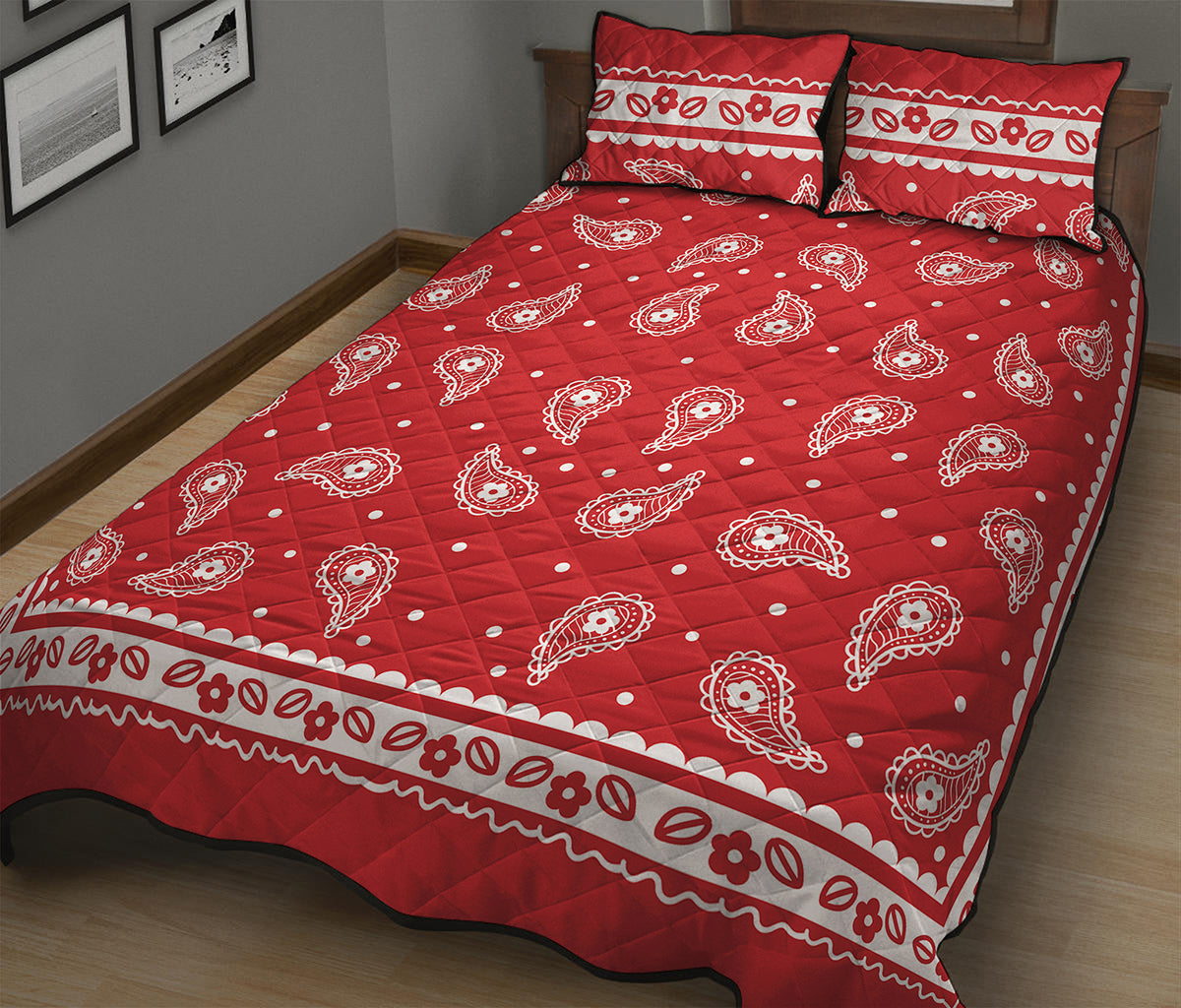 Red And White Paisley Bandana Print Quilt Bed Set
