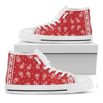 Red And White Paisley Bandana Print White High Top Shoes