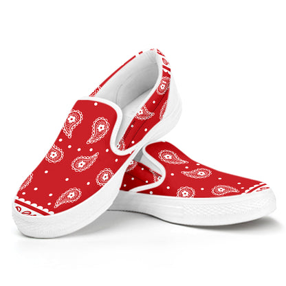 Red And White Paisley Bandana Print White Slip On Shoes