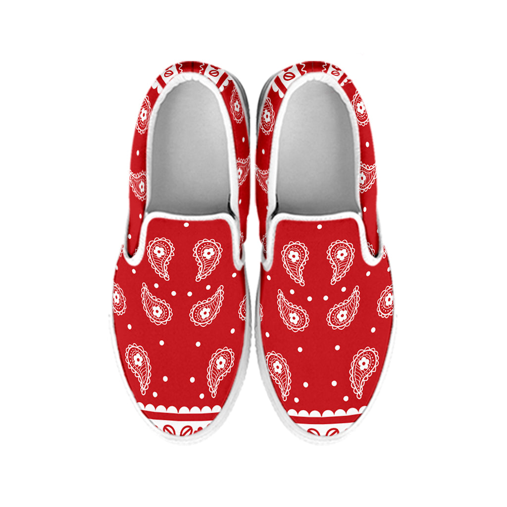 Red And White Paisley Bandana Print White Slip On Shoes