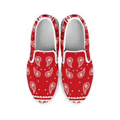 Red And White Paisley Bandana Print White Slip On Shoes