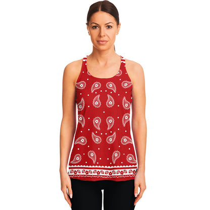 Red And White Paisley Bandana Print Women's Racerback Tank Top