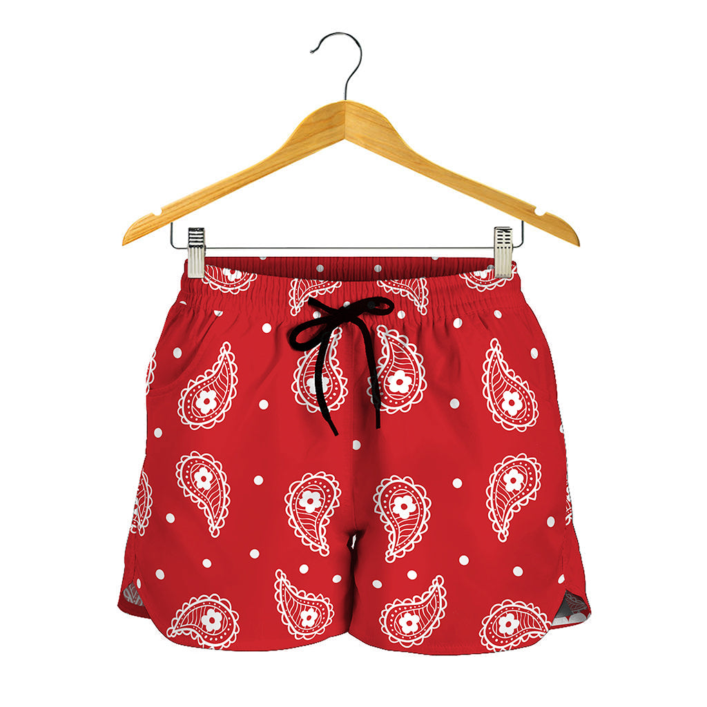 Red And White Paisley Bandana Print Women's Shorts