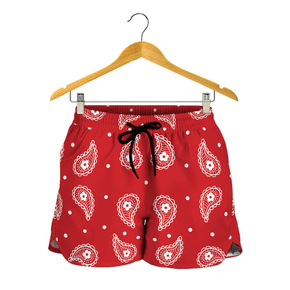 Red And White Paisley Bandana Print Women's Shorts