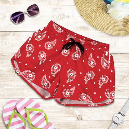 Red And White Paisley Bandana Print Women's Shorts