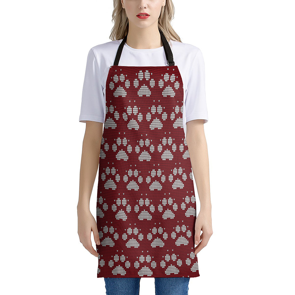 Red And White Paw Knitted Pattern Print Apron