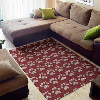 Red And White Paw Knitted Pattern Print Area Rug