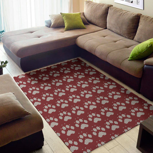 Red And White Paw Knitted Pattern Print Area Rug