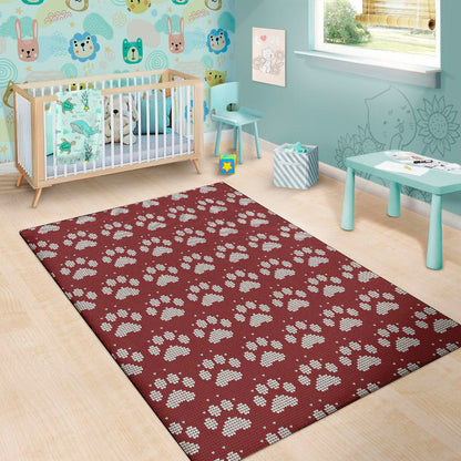 Red And White Paw Knitted Pattern Print Area Rug