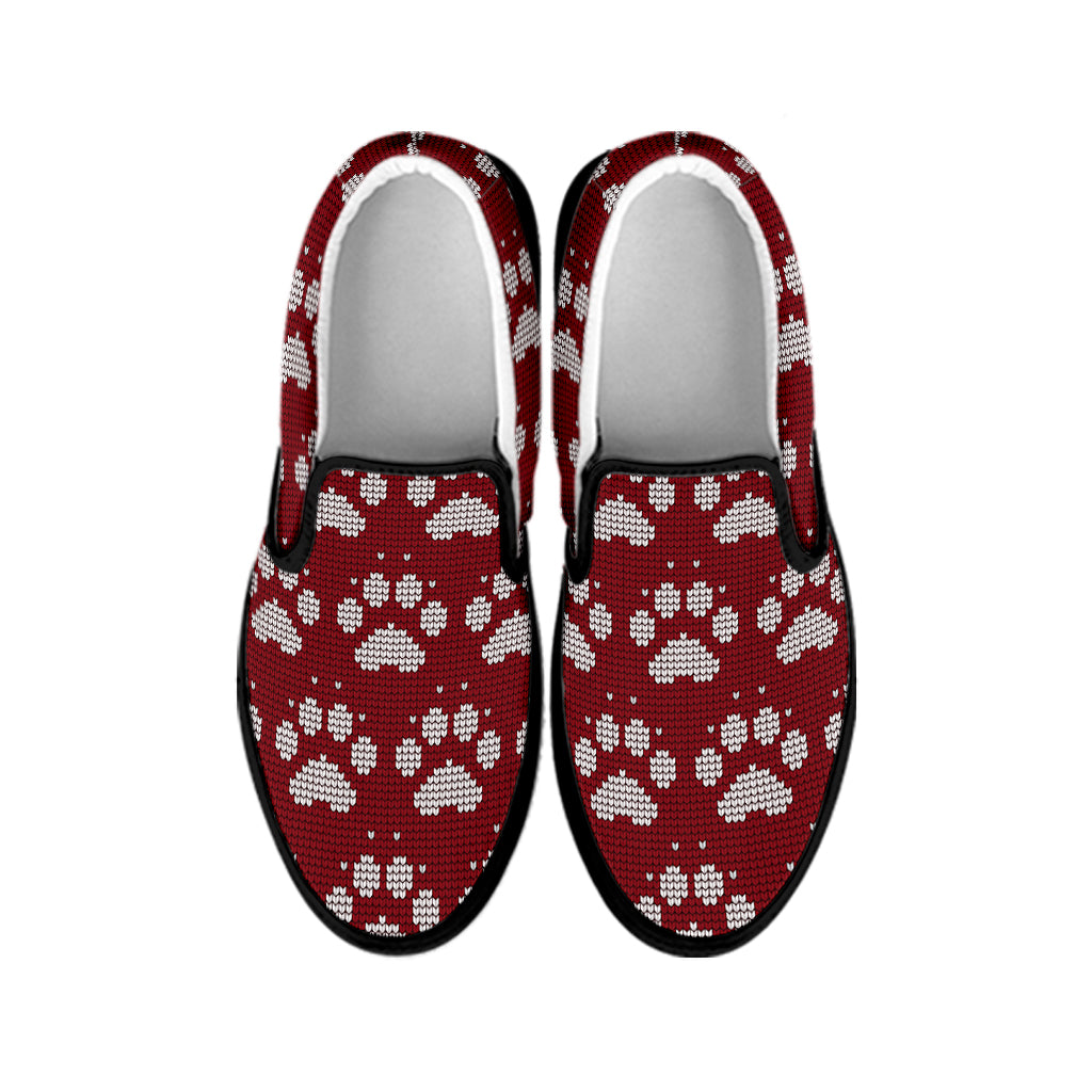 Red And White Paw Knitted Pattern Print Black Slip On Shoes