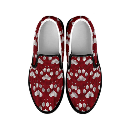 Red And White Paw Knitted Pattern Print Black Slip On Shoes