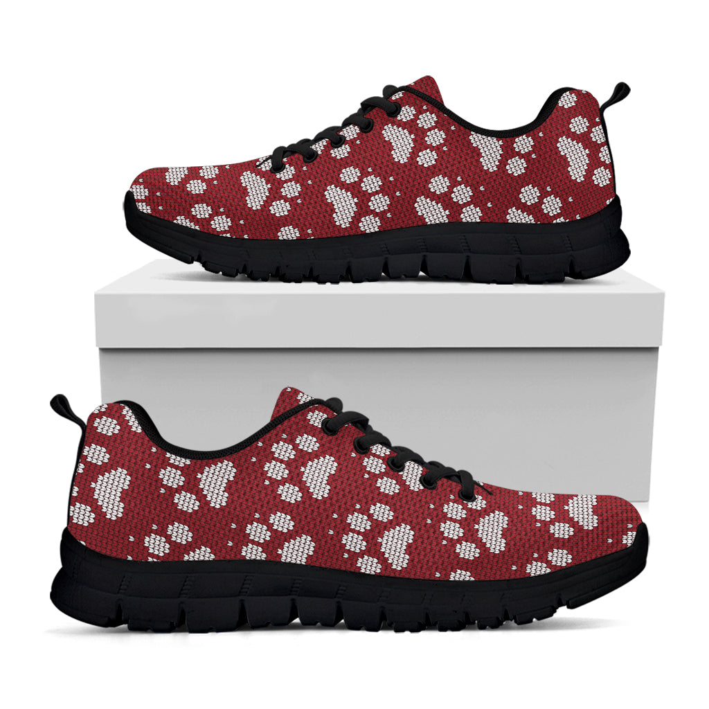 Red And White Paw Knitted Pattern Print Black Sneakers