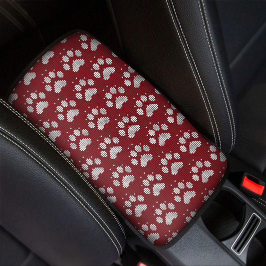 Red And White Paw Knitted Pattern Print Car Center Console Cover